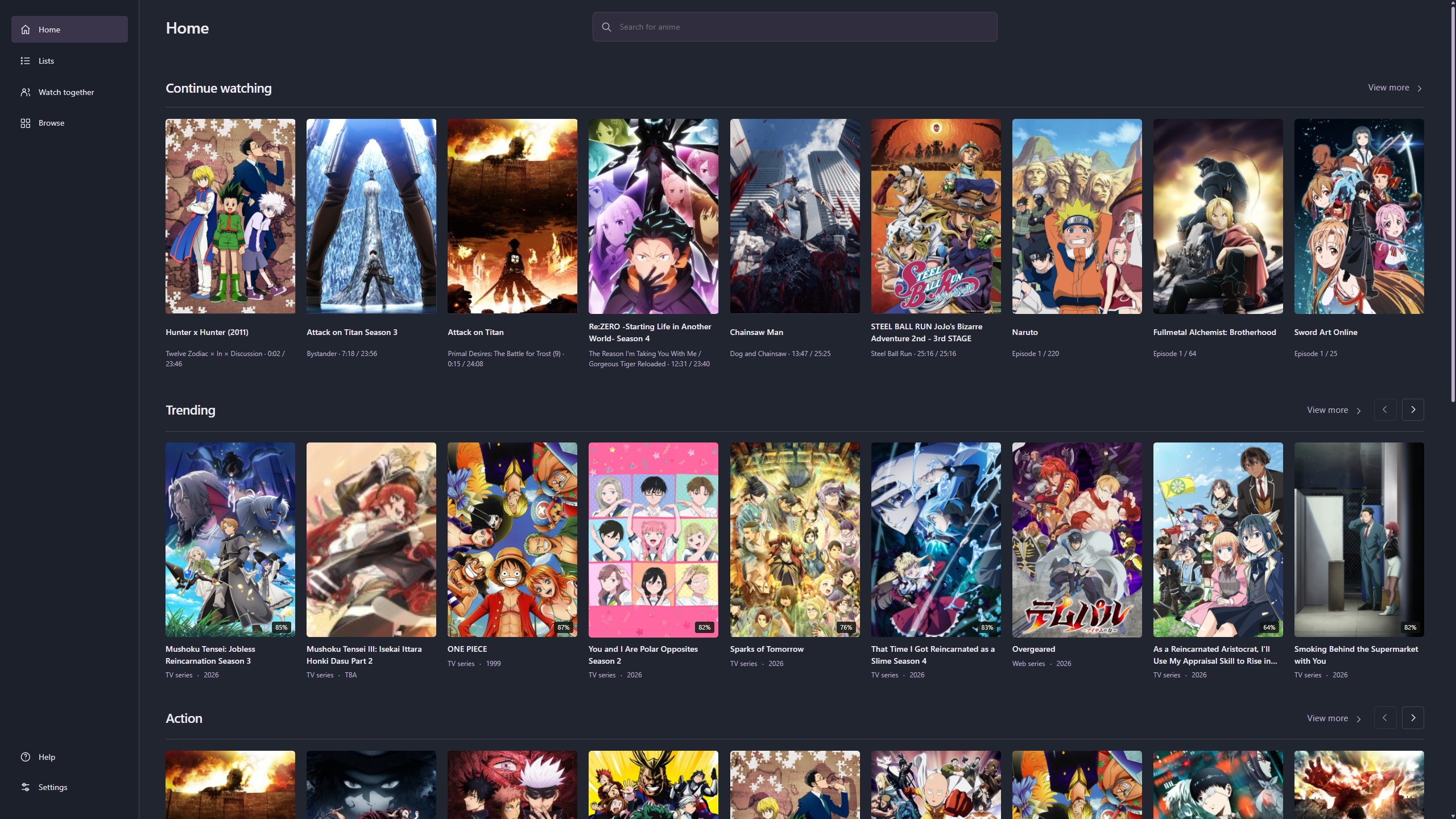 Nen desktop app showing Continue watching, Trending, and Action anime collections