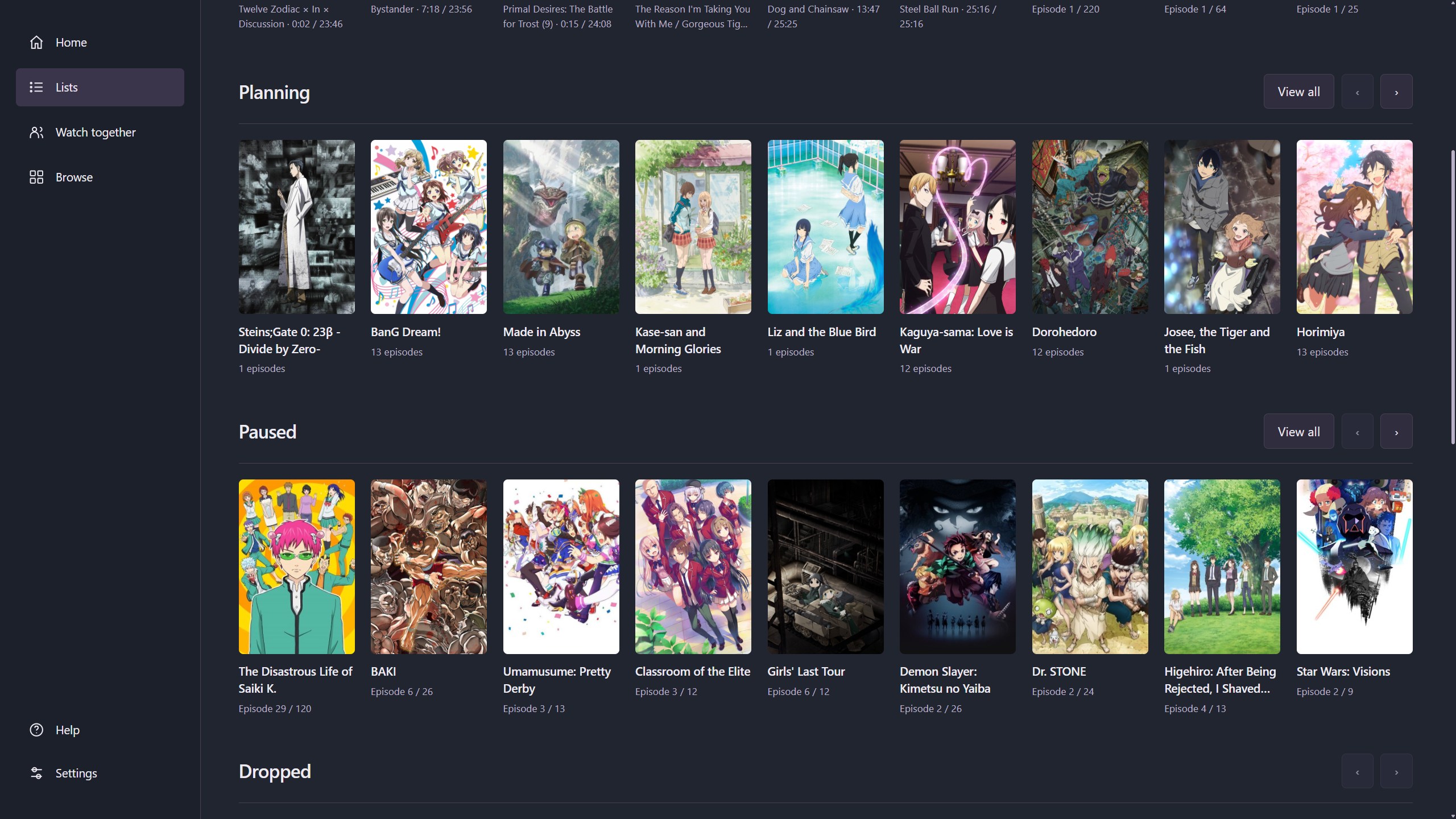 Nen Lists page showing Planning, Paused, and Dropped anime lists