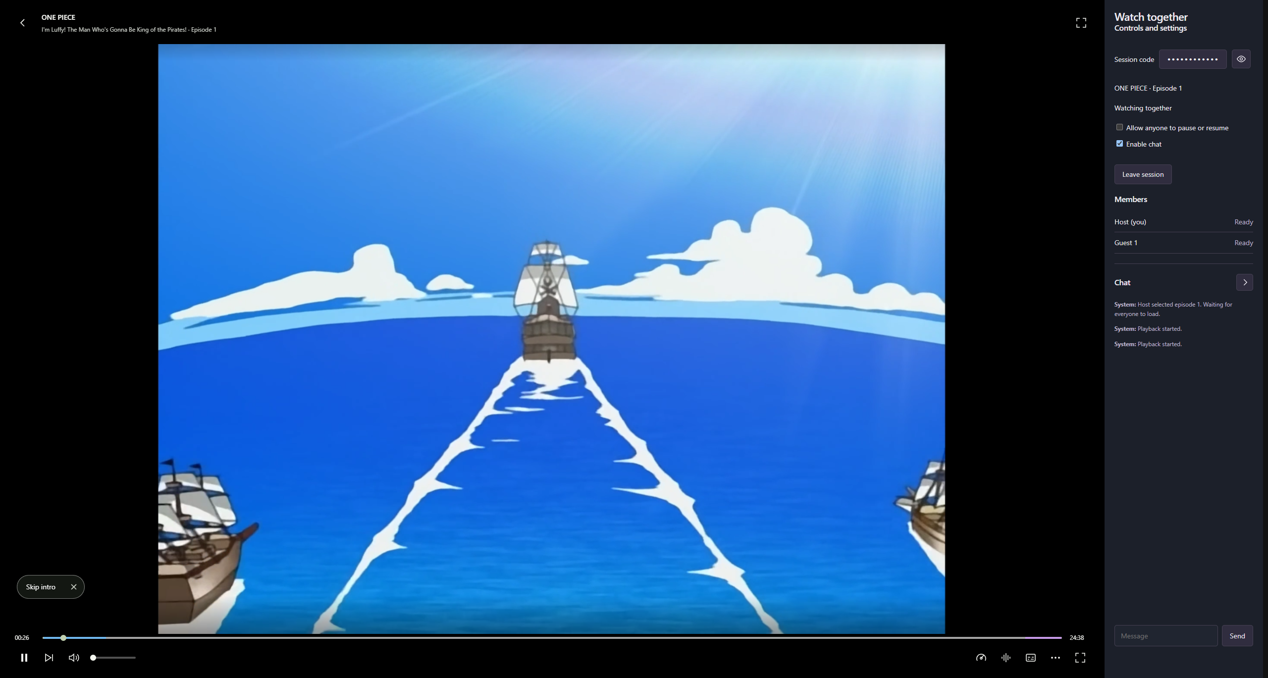 Nen Watch together playing One Piece with two members and the chat panel open